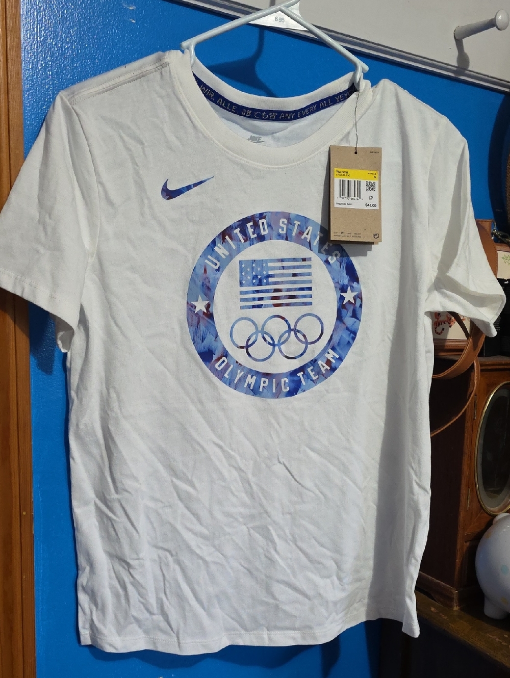 Nike White Tee with Blue and Purple Olympic Emblem